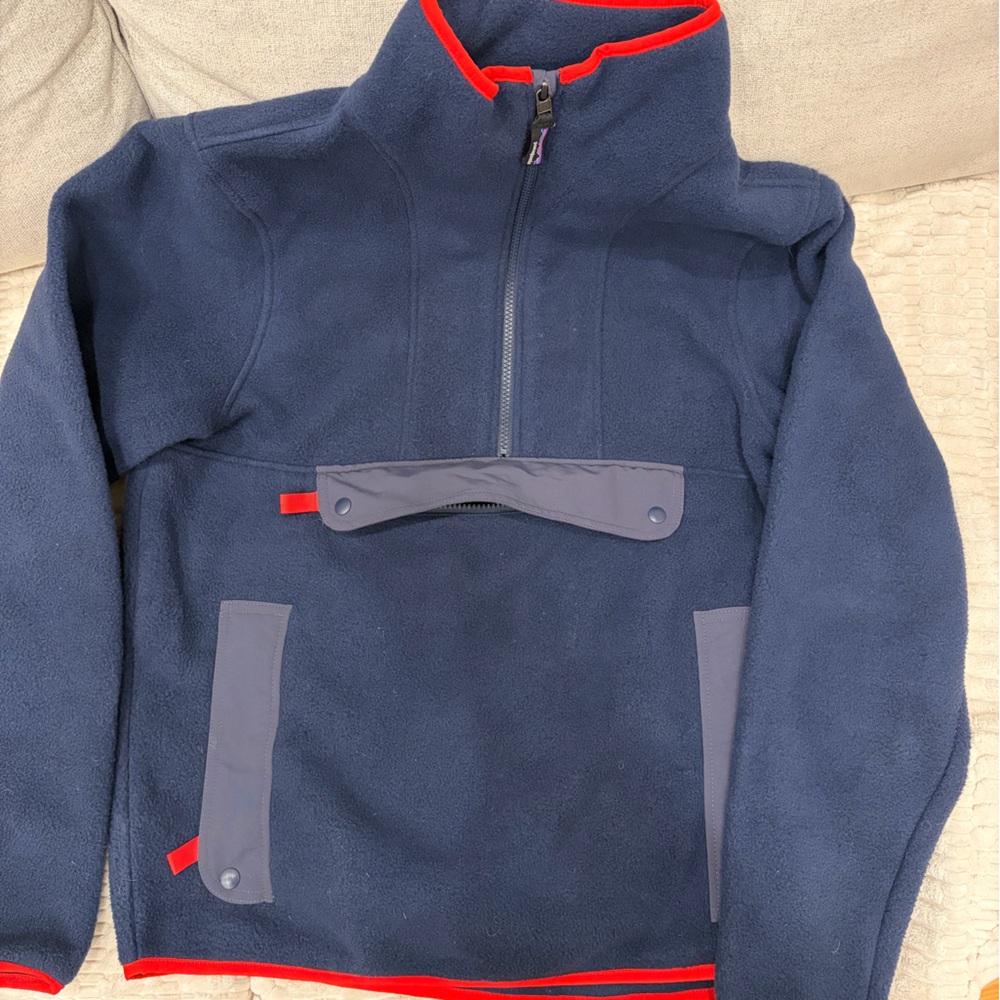 Navy Fleece Pullover with Red Trim